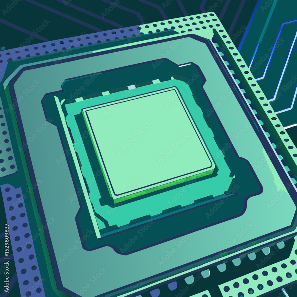 Poster close up view of a computer chip on a circuit board tech