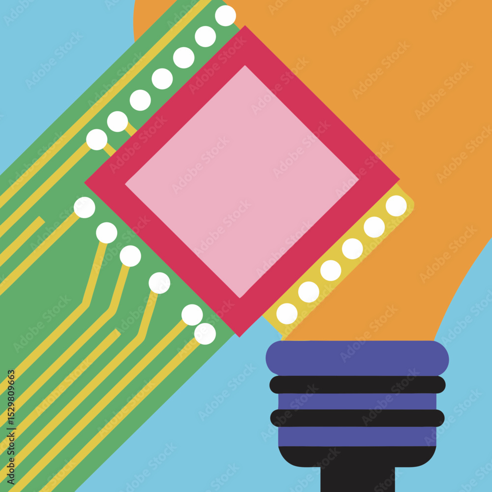 Poster abstract lightbulb with circuit board and pink square