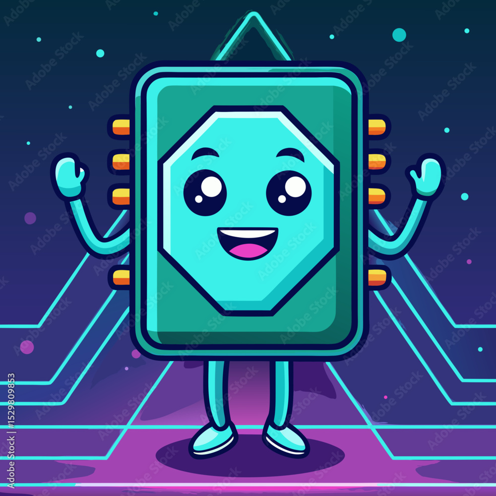 Poster cartoon cpu character with happy expression standing up