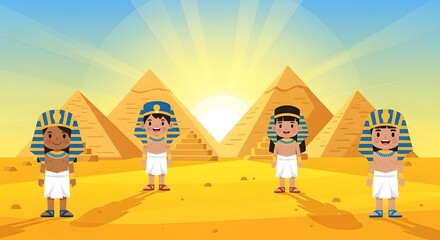 Cartoon kids standing before pyramids