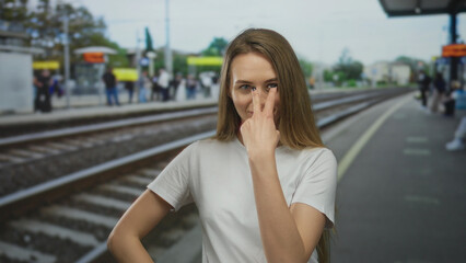 Young woman standing confidently at a train station platform with railway tracks in the background, smiling with hands on hips, enjoying an outdoor urban setting.