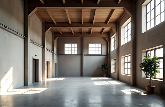 Fototapeta repurposed industrial warehouse dynamic louvers minimalist scandinavian style photorealistic