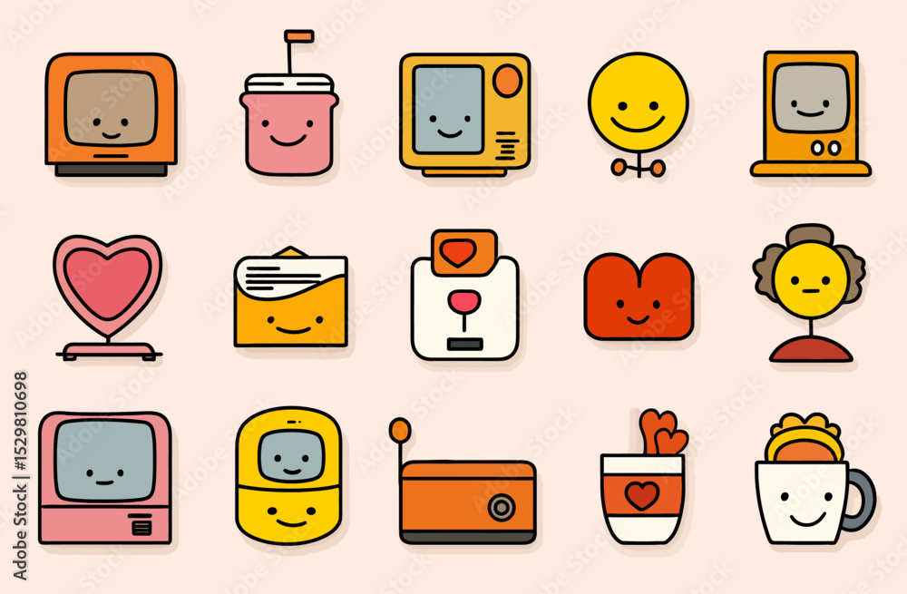 Poster retro computer and happy electronics vector icons set vintage technology illustrations