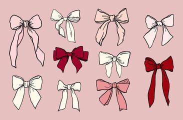Cute Coquette Bow Illustrations Vector Set of Hand-Drawn Bows