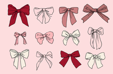 Cute Coquette Bow Vector Set 12 Hand-Drawn Illustrations