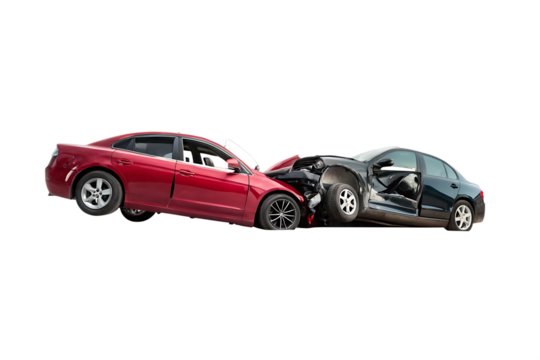 Two damaged cars collision isolated on a white background png ai generated