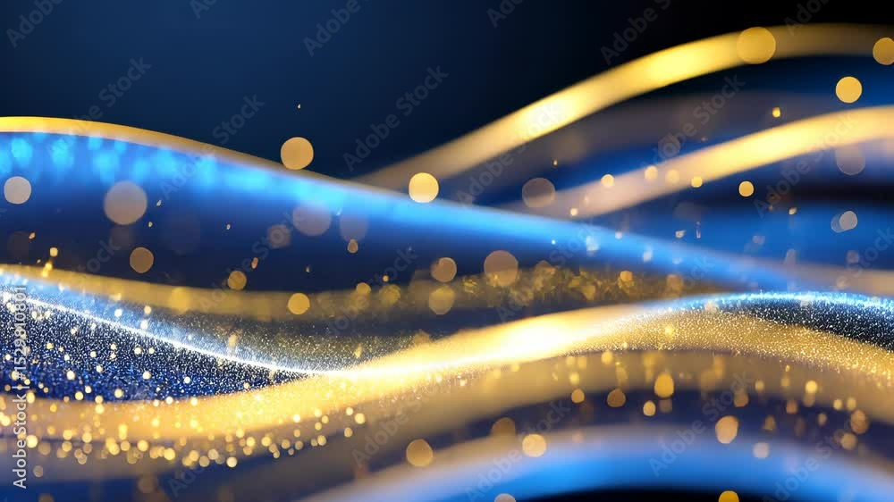 Poster abstract background with glowing 3d golden particles flowing over a blue wavy surface, creating a lu