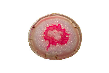 Single polished agate slice with vibrant pink center and white bands isolated on transparent...