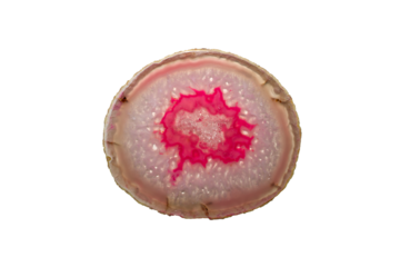 Single polished agate slice with vibrant pink center and white bands isolated on transparent background