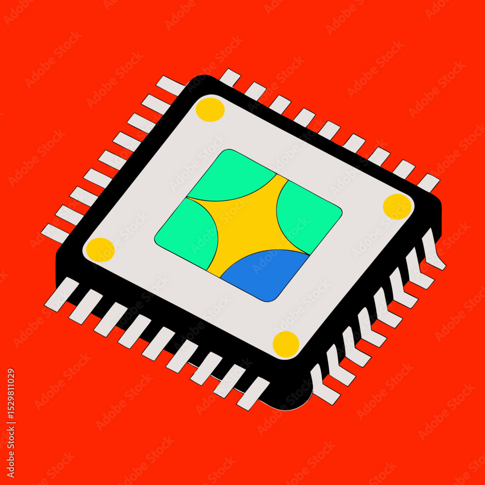 Aufkleber isometric view of a colorful computer chip on red background