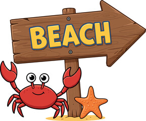 Beach Sign with Crab and Starfish - Summer Vacation Illustration