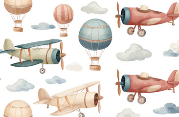 Adorable Watercolor Airplanes and Hot Air Balloons Seamless Pattern