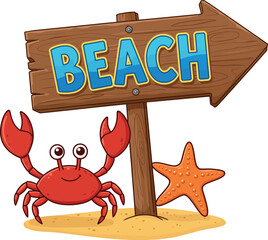 Beach Sign with Crab and Starfish - Summer Vacation Illustration