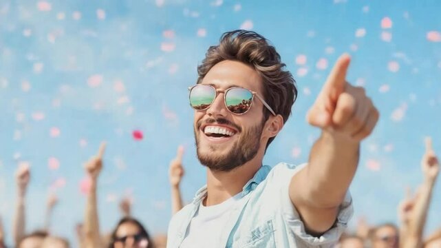 Joyful Man with Finger Point: A vibrant moment of elation captured as a smiling man points a finger upwards, bathed in sunlight with confetti falling, a scene of pure happiness.