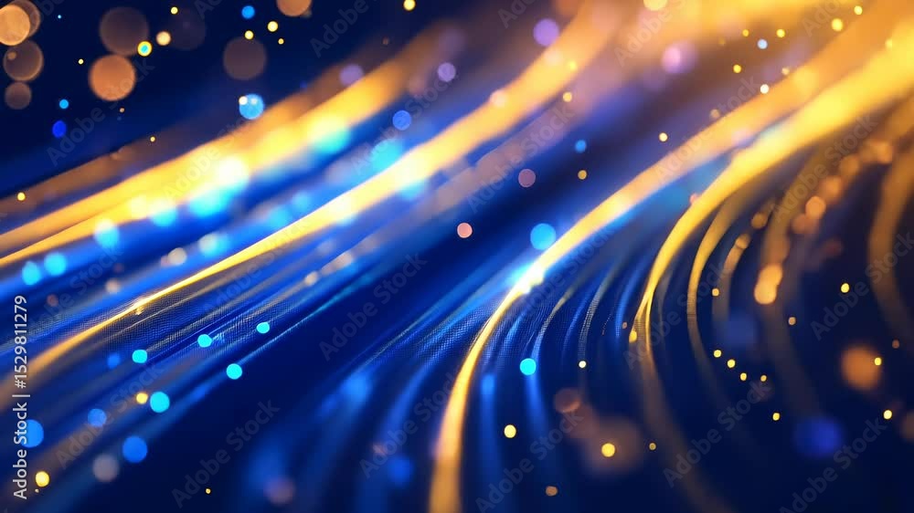 Aufkleber abstract background a glowing 3d golden particles bokeh flowing over a blue wavy surface, creating m