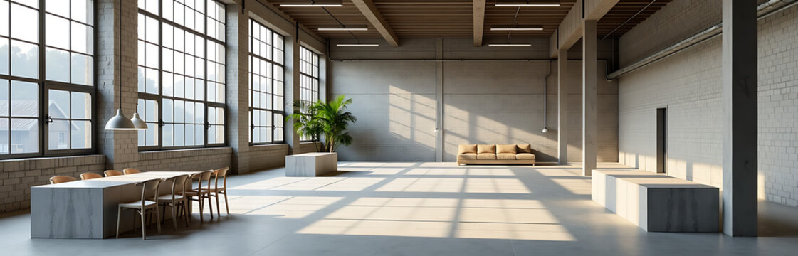 repurposed industrial warehouse using recycled plastic blocks minimalist scandinavian style photorealistic