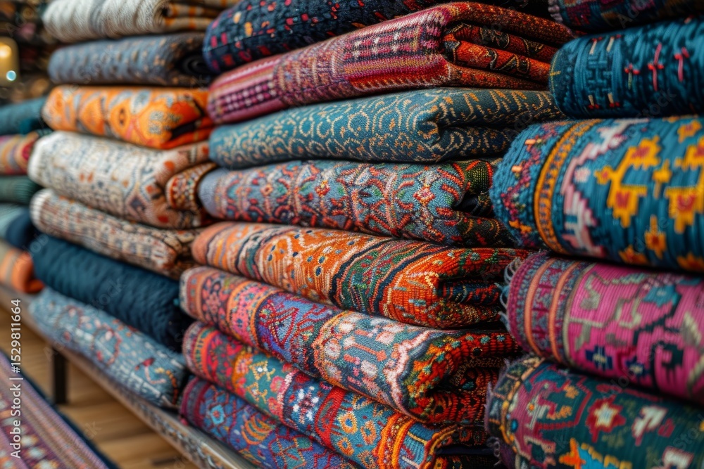 Poster a visually striking image of a collection of colorful textiles arranged in a stacked pattern, showca