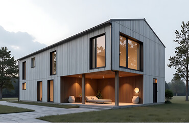 repurposed industrial warehouse highlighting passive house design minimalist scandinavian style photorealistic
