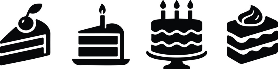 Cake and dessert icon set in black silhouette showing slices and whole cakes with candles and toppings
