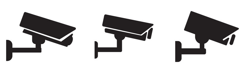 CCTV surveillance camera icon set in black silhouette for security, monitoring, and safety applications