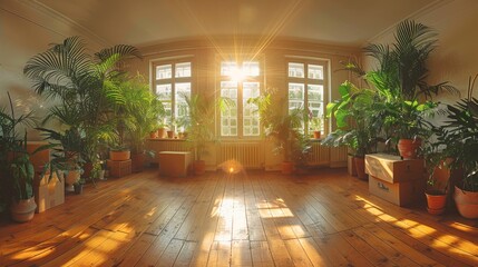 Fototapeta premium A sunlit room filled with various indoor plants, creating a refreshing indoor environment that embodies tranquility and connection with nature in a home setting.