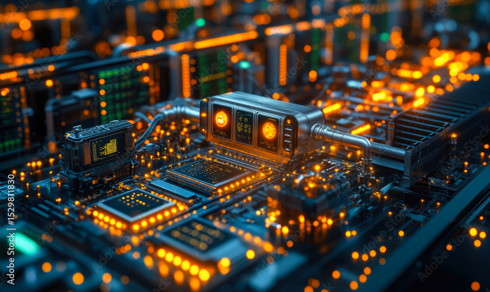 Poster close-up of illuminated futuristic computer circuit board with glowing microchips and electronic com