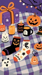Fototapeta premium A vibrant Halloween picnic scene featuring gifts, pumpkins, candles, and socks on a plaid blanket, illuminated by string lights and bats silhouetted against a purple sky .