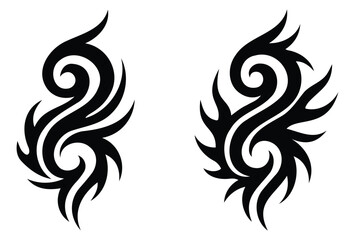 Fototapeta premium Matching tribal tattoo icon set in black abstract flame swirl patterns with pointed ends