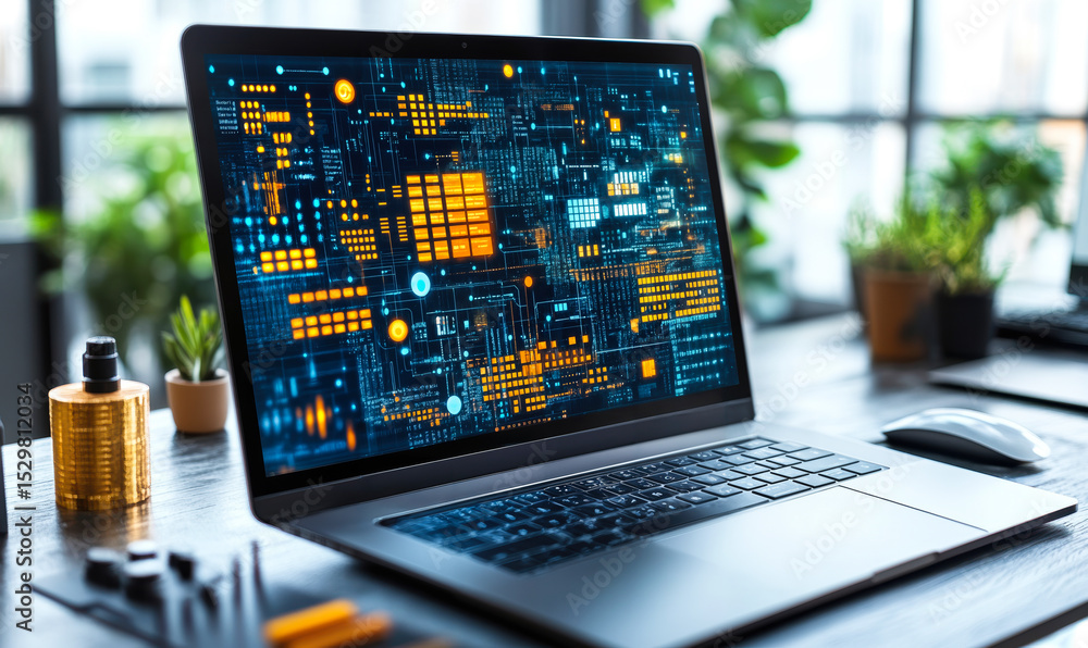 Poster futuristic laptop screen displaying complex blue and orange digital circuit board interface with dat