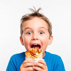  A young boy with a remarkably wide mouth and big, round eyes, is captured eating a doner kebab. The background is a solid, bright white.