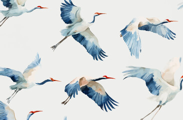 Watercolor Crane Pattern Elegant Blue and Gray Birds in Flight Seamless Design