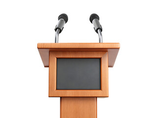 Wooden podium with two microphones isolated on a white background png ai generated