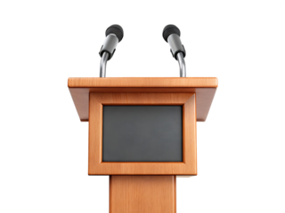 Wooden podium with two microphones isolated on a white background png ai generated