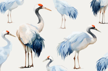 Obraz premium Elegant Watercolor Crane Pattern Seamless Design for Fabric, Wallpaper, and More