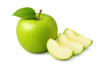 Fresh green apple with sliced pieces and leaf on a white background Concept of transparent background png