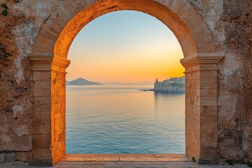 Serene coastal sunset viewed through a weathered stone archway, offering a tranquil seascape with distant hills and a small town