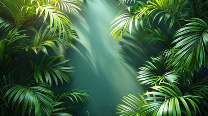 Fototapeta premium This vibrant image captures lush green tropical plants framing a serene wall, creating a refreshing atmosphere filled with natural beauty and life, ideal for relaxation or decor.