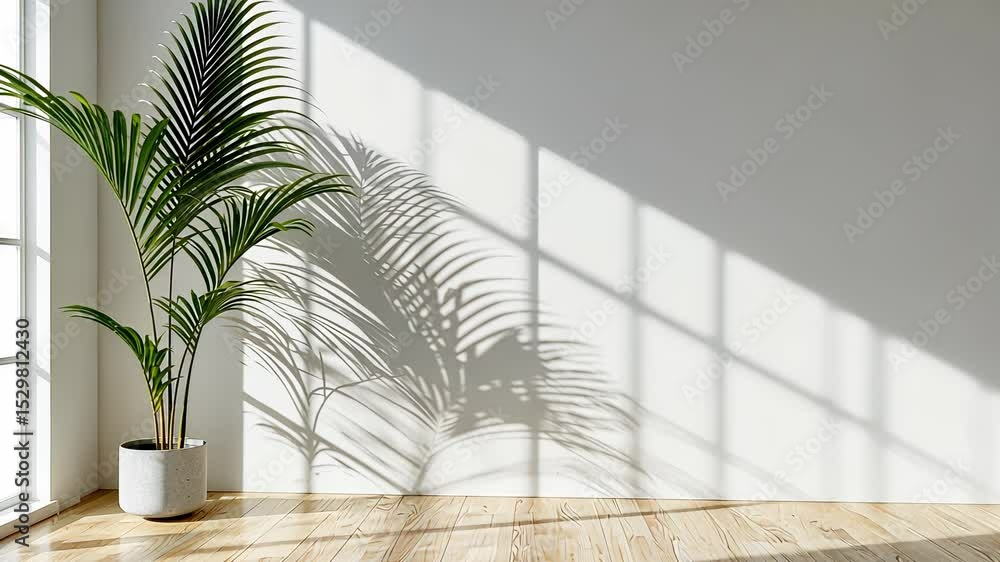Poster sunlight streaming through a window illuminates shadows a potted plant in and empty white room, cast