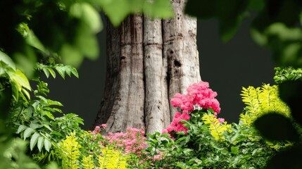 Old Tree Trunk with Pink and Yellow Flowers