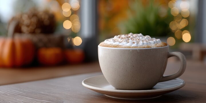 fall cafe ambiance, pumpkin spice latte in sharp focus with foam art in the foreground, while cozy coffee shop interior with fall decorations is blurred in soft bokeh commercial beverage captured in