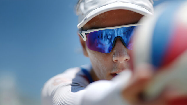Focused young caucasian male beach volleyball player with sunglasses preparing for serve
