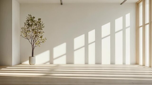 Sunlight a through a window illuminates shadows a potted plant in an empty white room, casting shadows on the wall and creating streaming peaceful atmosphere copy space