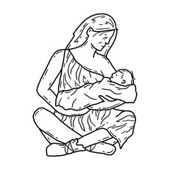 Vector linear hand drawn icon of a prehistoric mother in animal skin holding a baby in doodle style.