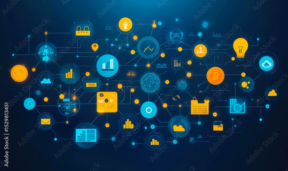 Poster digital network of interconnected glowing icons representing cloud computing, data analysis, blockch