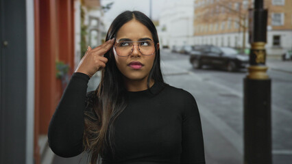 Fototapeta premium Urban portrait of a woman making a hand gesture in a street scene, a young latin hispanic outdoors figure exuding sarcastic frustration.
