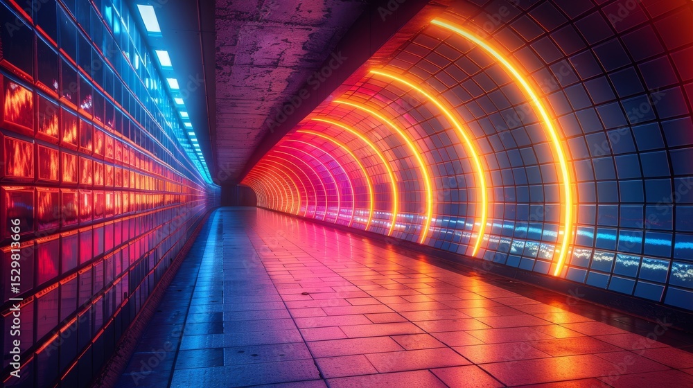 Aufkleber a vibrant, futuristic tunnel illuminated with colorful neon lights, creating a dynamic visual experi