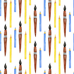 Seamless pattern with watercolor pencil and brush illustration. Hand drawn objects on white background. Education back to school concept. For wrapping, fabric, wallpaper.