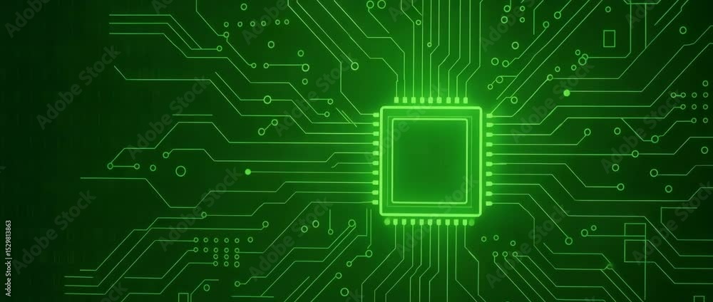 Aufkleber a vivid green circuit board design featuring a central processing unit, symbolizing advanced technol