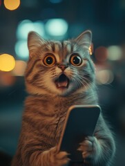 Surprised cat with phone displaying wide-eyed expression indoors