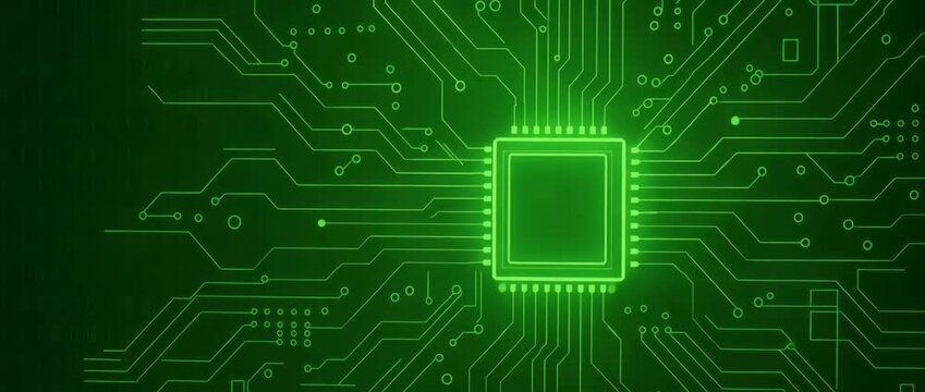 A vivid green circuit board design featuring a central processing unit, symbolizing advanced technology and modern computing capabilities